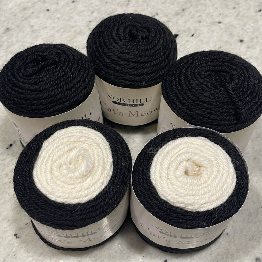 Lot 5 Cakes Nob Hill Cat's Meow wool blend yarn Tuxedo And Bombay Light Weight